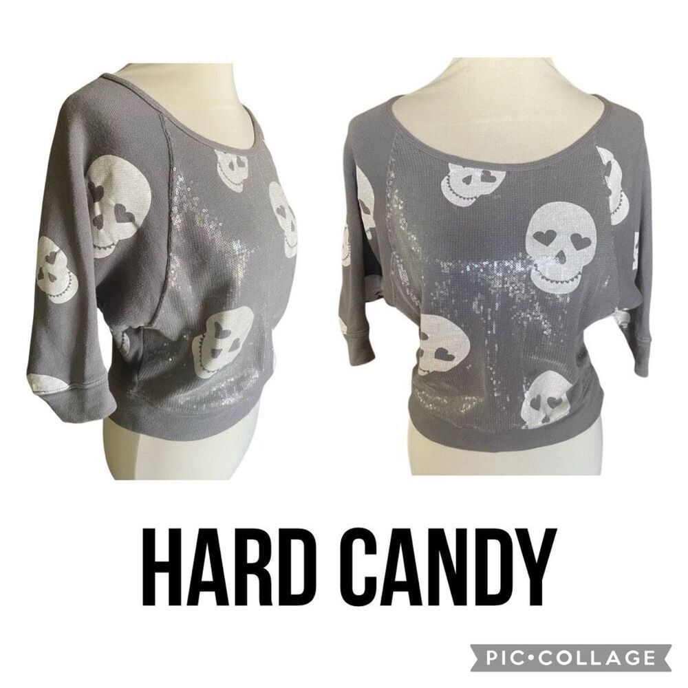 Hard Candy Gray Skull Sequin Crop Sweatshirt Size Small (3–5) w/ Heart Eyes Scoo